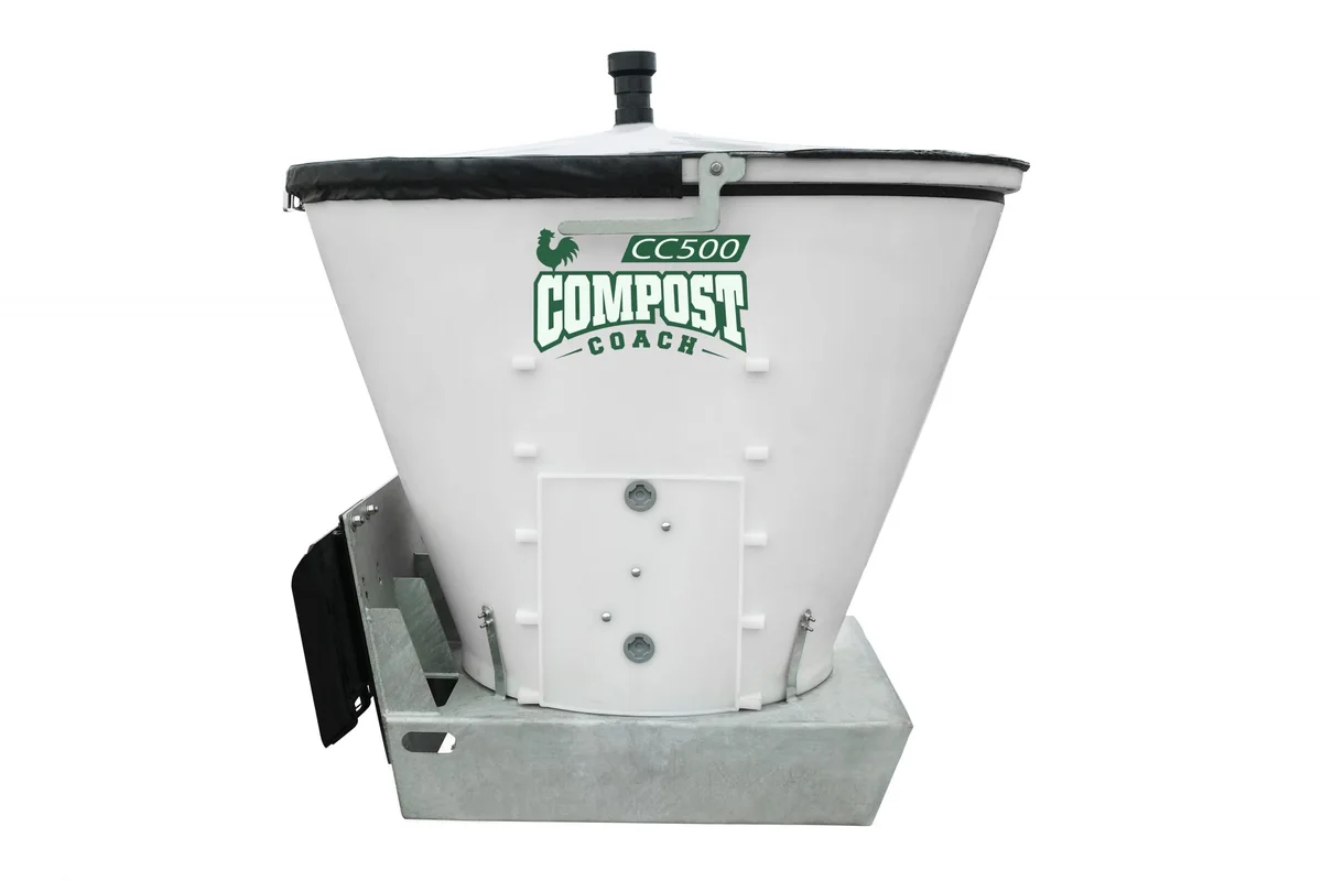 CC500 composter with its loader attachment and direct-drive gearbox